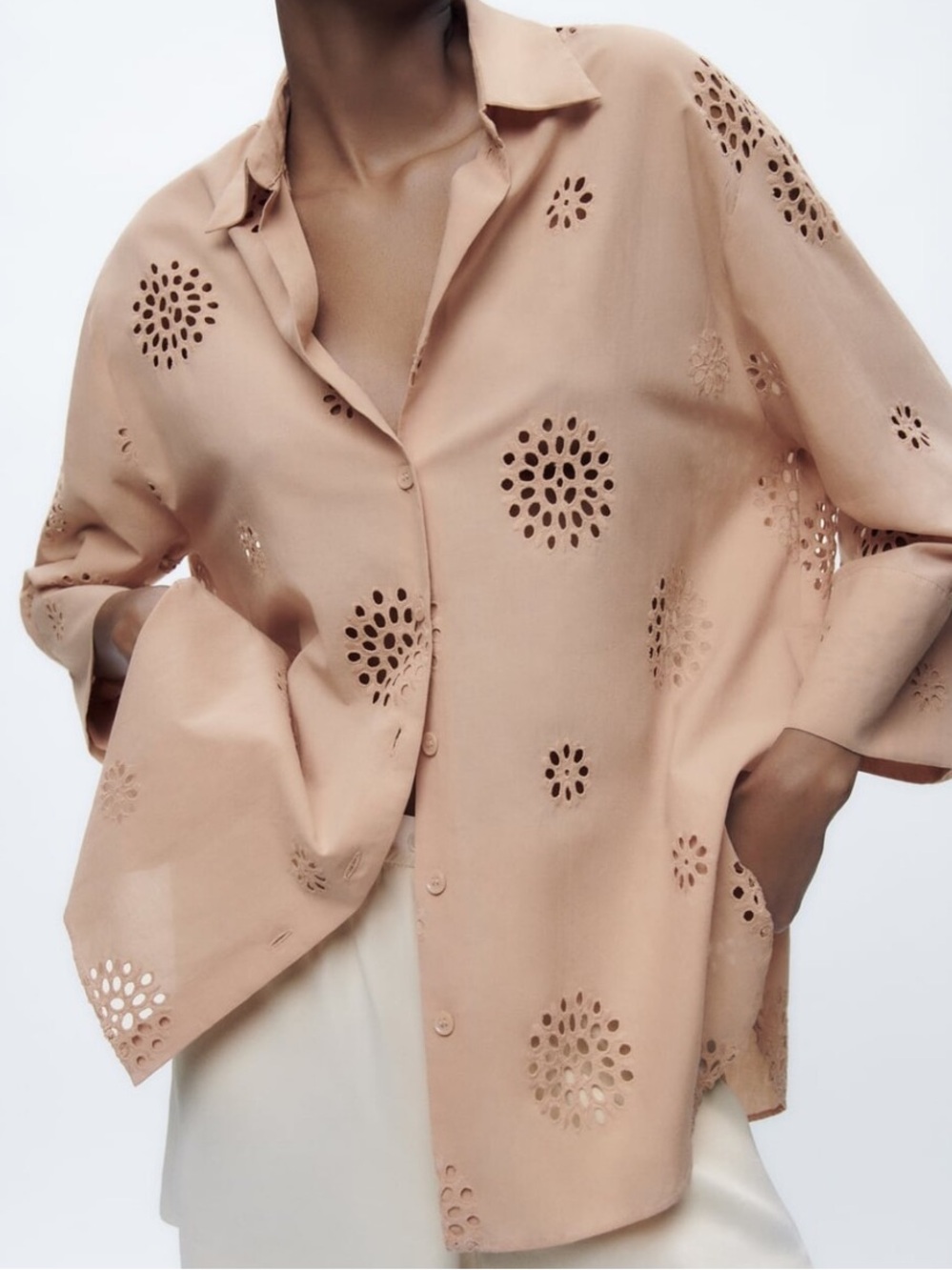 Zara Taupe Eyelet Button-Down Shirt